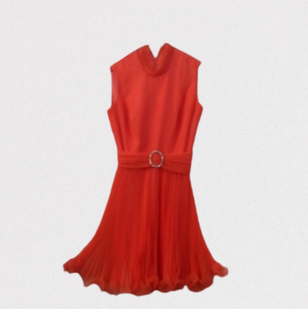 Vintage Jack Bryan Dress Chiffon Coral 60s Pleated Lettuce Ruffle Skirt Small - Picture 1 of 9